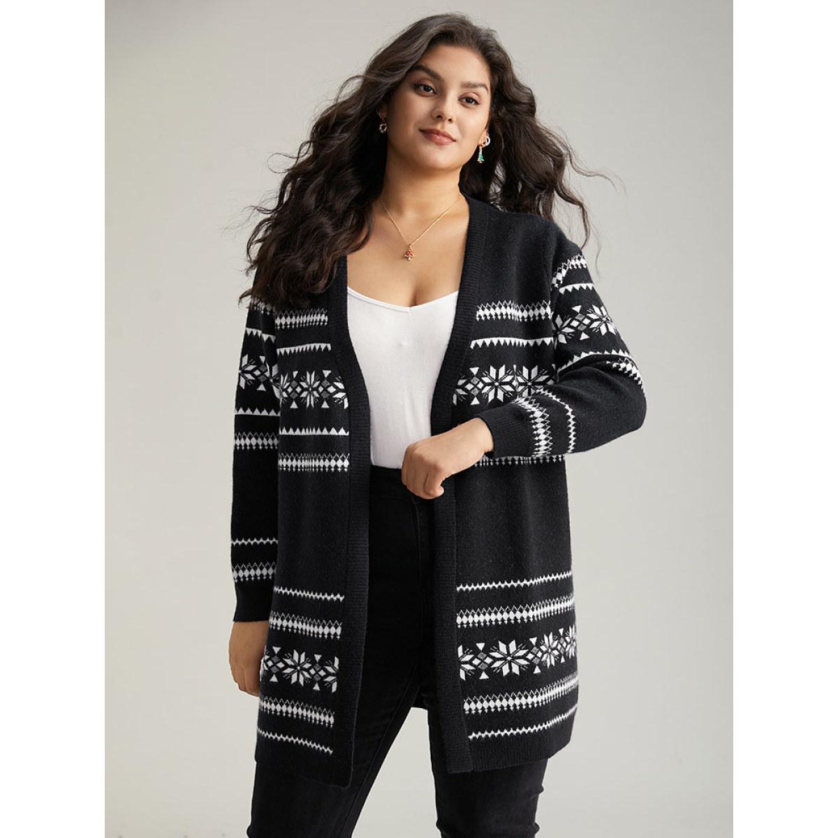 Plus Size Anti-Pilling Bandana Print Elastic Cuffs Cardigan Black Women Casual Loose Long Sleeve Festival-Christmas Cardigans BloomChic 12/L Product Image