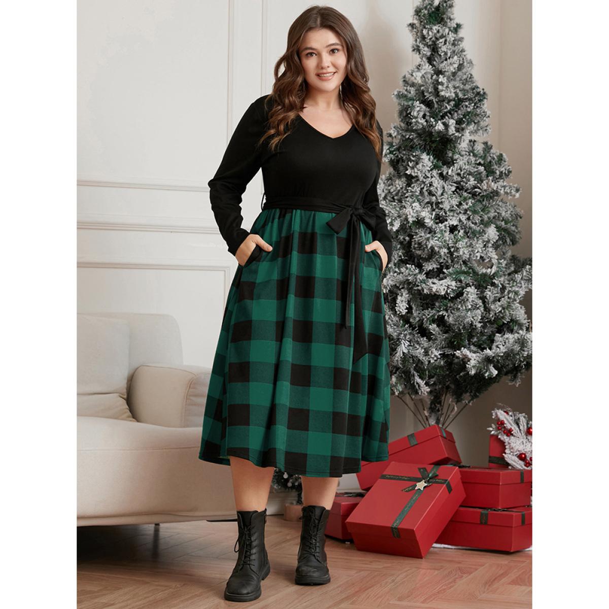 Plus Size Solid Patchwork Pocket Belted Plaid Dress Scarlet Women Elegant Belted V-neck Long Sleeve Curvy Midi Dress BloomChic 30/6X Product Image