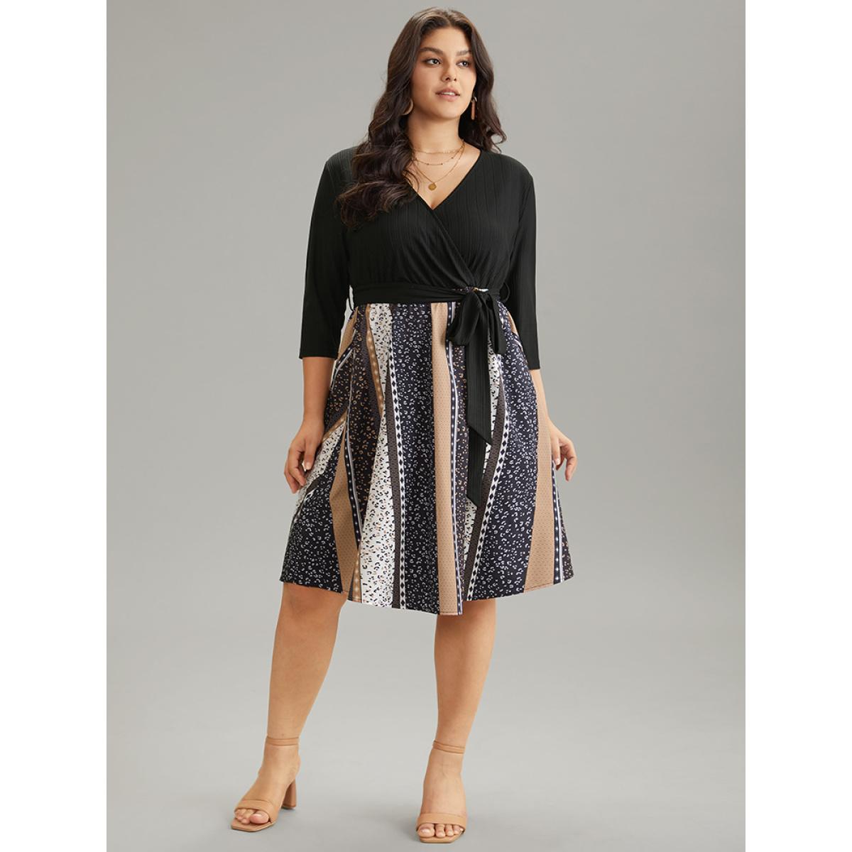Plus Size Colorblock Striped Belted Pocket Patchwork Dress Leopard Women Vacation Texture Overlap Collar Elbow-length sleeve Curvy Midi Dress BloomChic 26/4X Product Image