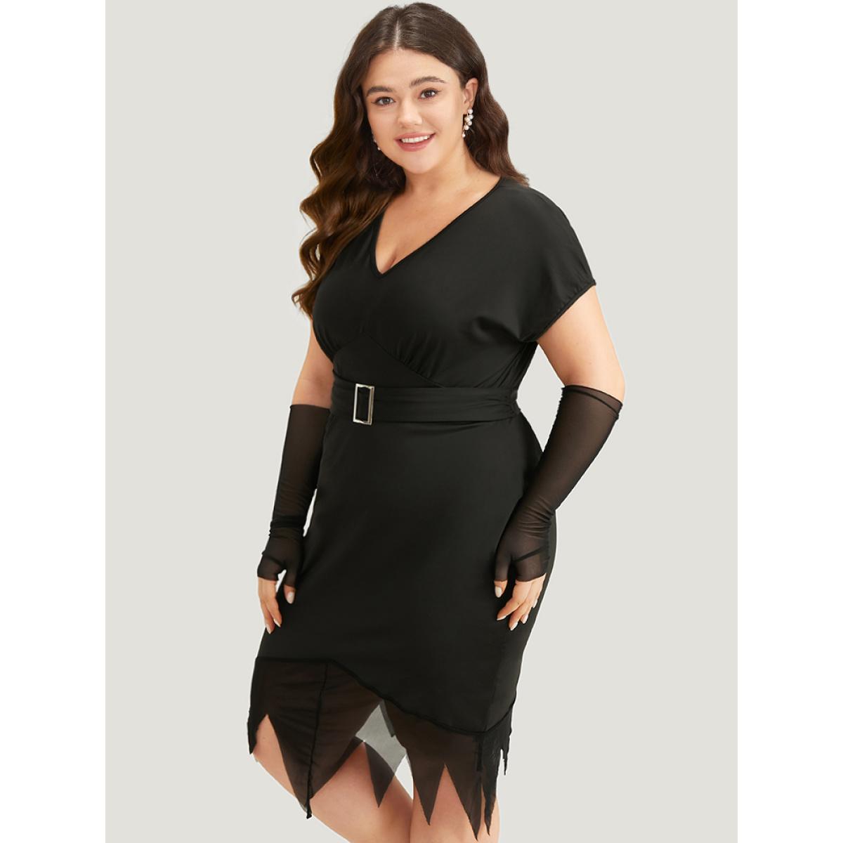 Plus Size Halloween Solid Mermaid Hem Mesh Bowknot Dress Black Women Casual Plain V-neck Sleeveless Curvy Knee Dress BloomChic 22-24/3X Product Image