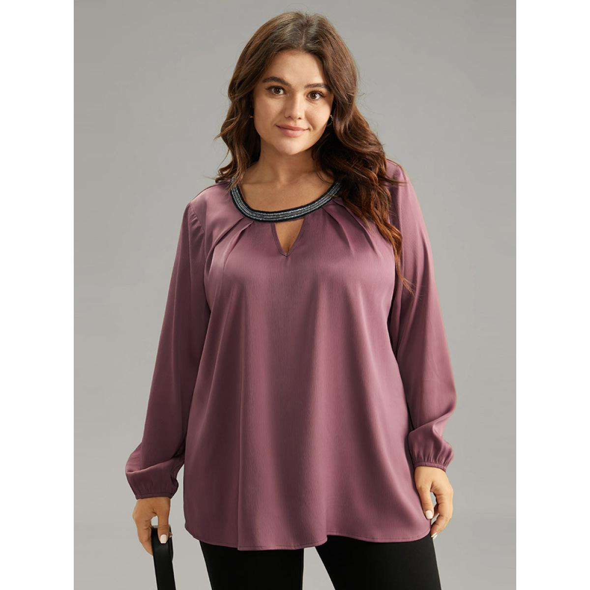 Plus Size DustyPink Static-Free Keyhole Pleated Contrast Webbing Blouse Women Office Long Sleeve Keyhole Cut-Out Office Blouses BloomChic 28/5X Product Image