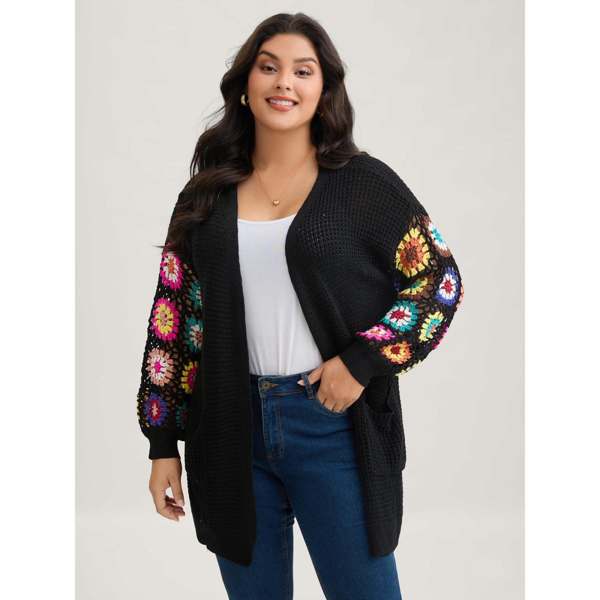 Plus Size Crochet Floral Drop Shoulder Cut Out Cardigan Black Women Playful Loose Long Sleeve Casual Cardigans BloomChic 28/5X Product Image
