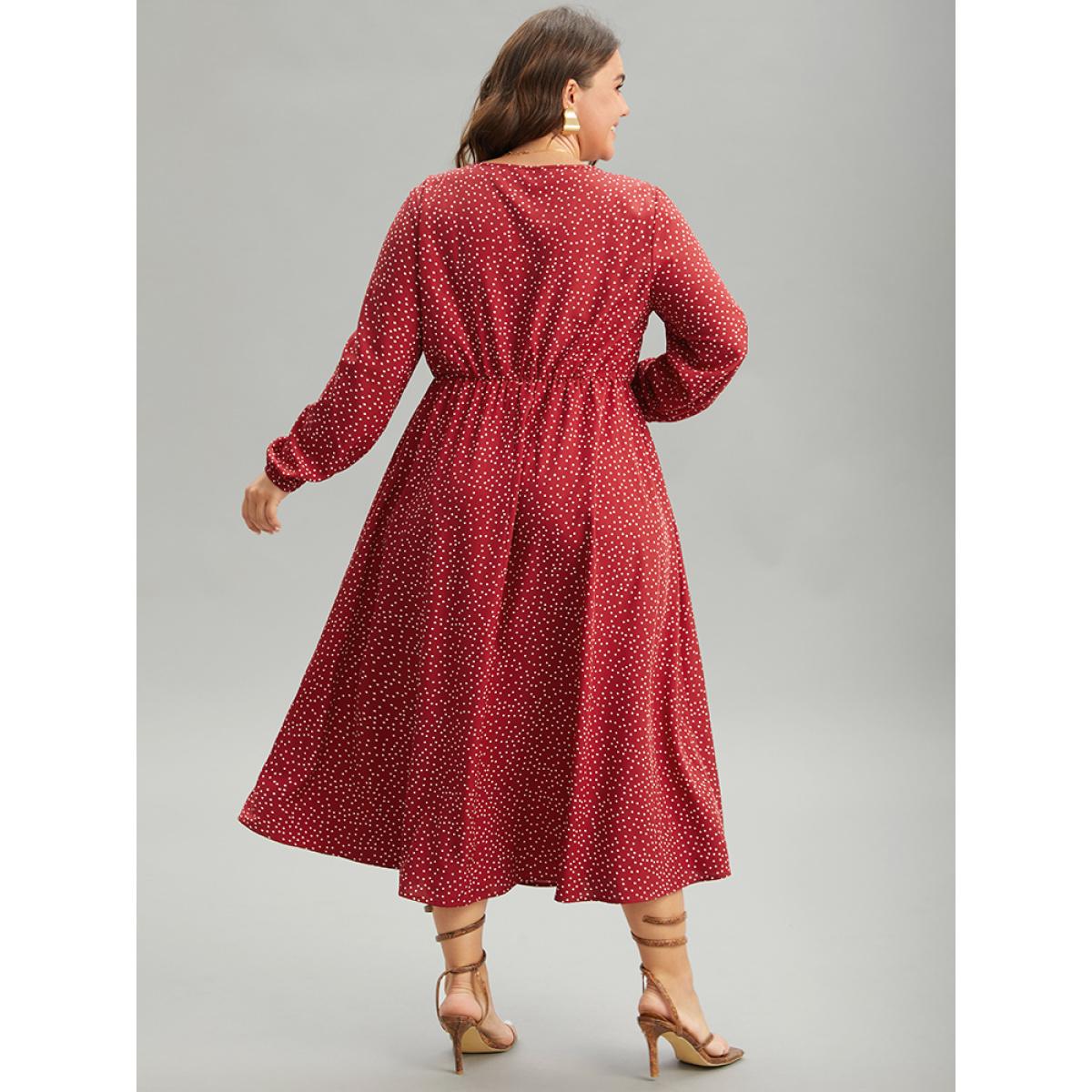 Plus Size Polka Dot Ruched Overlap Collar Pocket Dress Raspberry Women Elegant Elastic cuffs Square Neck Long Sleeve Curvy Midi Dress BloomChic 12/L Product Image