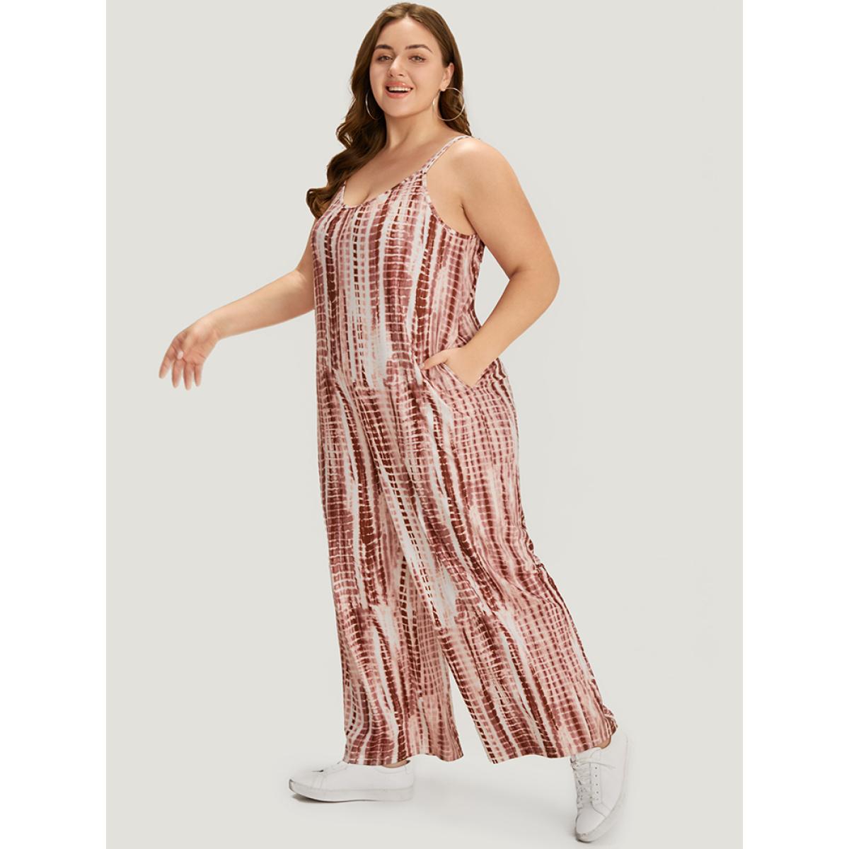 Plus Size Rouge Tie Dye Striped Pocket Backless Cami Jumpsuit Women Casual Sleeveless Spaghetti Strap Dailywear Loose Jumpsuits BloomChic 26/4X Product Image
