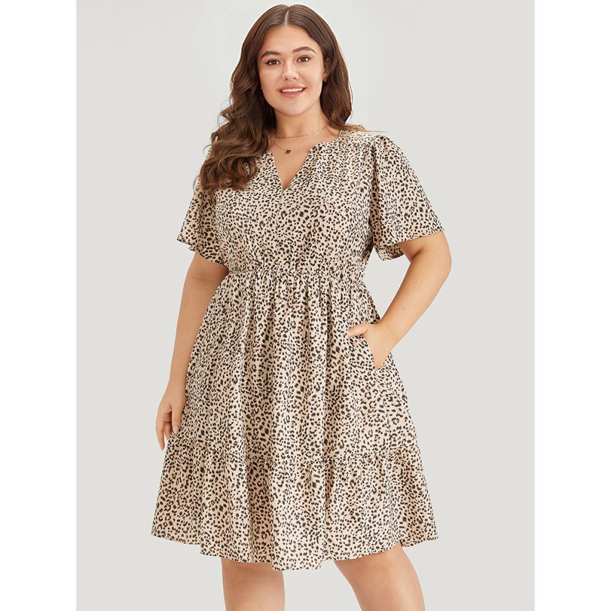 Plus Size Leopard Notched Pocket Gathered Ruffle Layered Hem Dress LightBrown Women Elegant Notched collar Short sleeve Curvy Knee Dress BloomChic 10/M Product Image