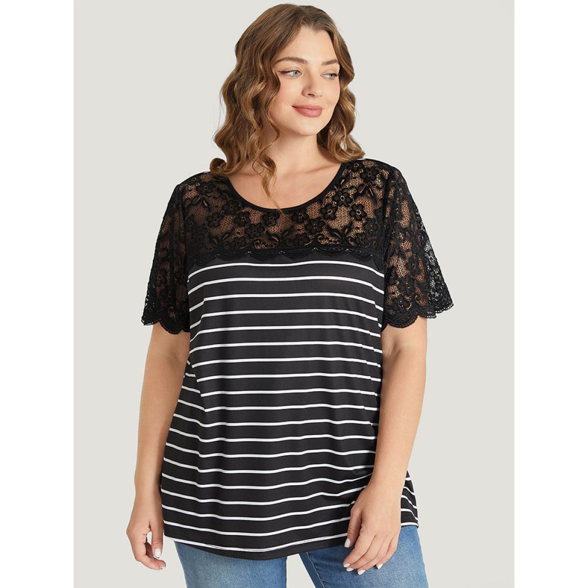 Plus Size Striped Patchwork Lace Scalloped Trim T-shirt Black Women Elegant Contrast Striped Round Neck Dailywear T-shirts BloomChic 26/4X Product Image