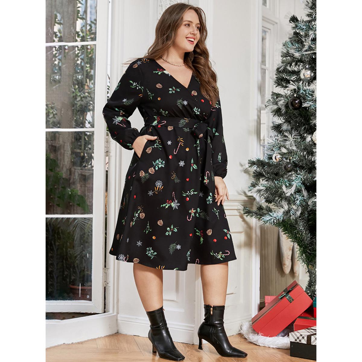 Plus Size Snowflake & Plant Print Wrap Lantern Sleeve Pocket Belted Dress Black Women Elegant Belted V-neck Long Sleeve Curvy Midi Dress BloomChic 14-16/1X Product Image
