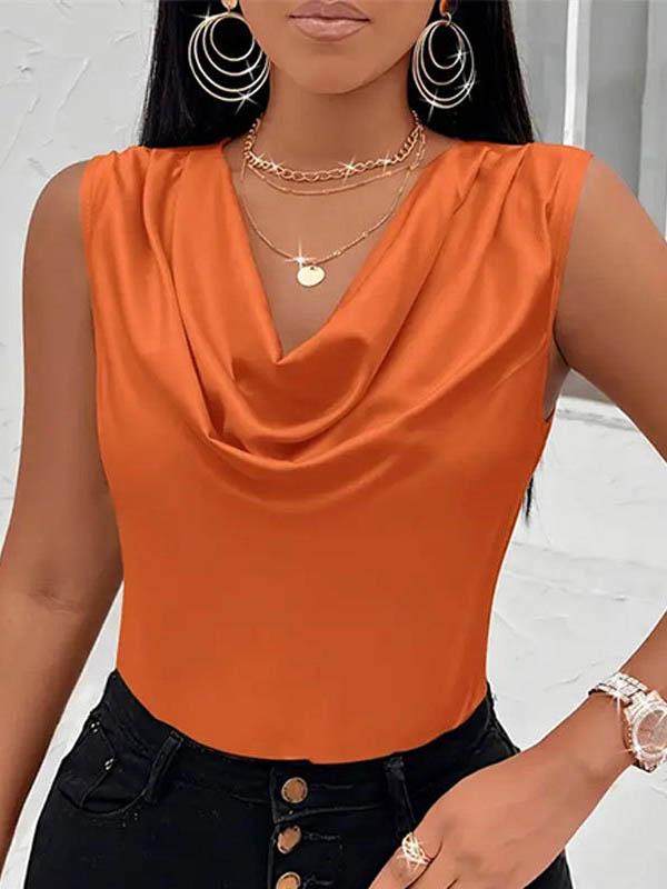 Loose Sleeveless Pleated Solid Color V-Neck Vest Top Product Image