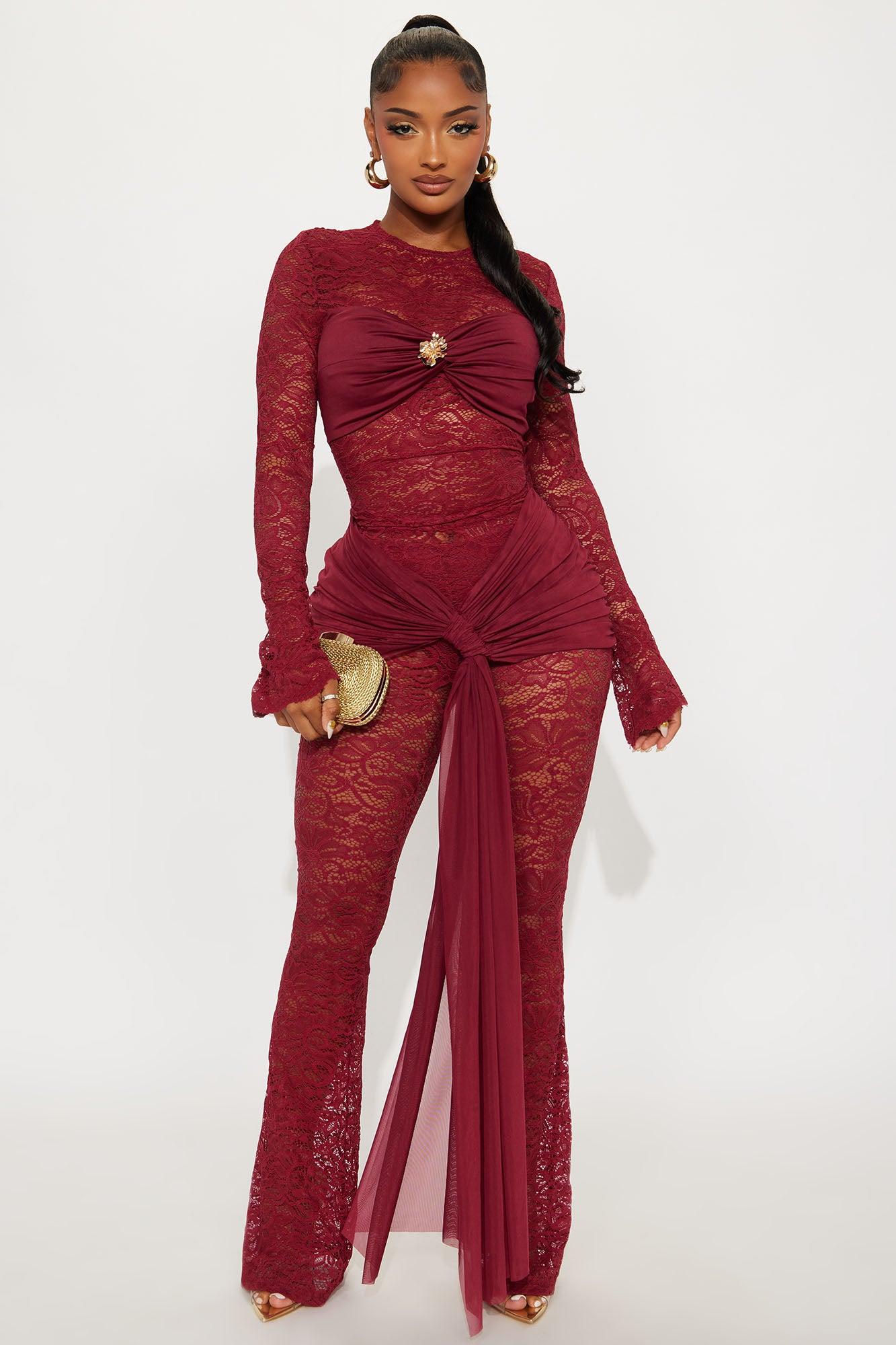 Antonelle Lace Flare Pant Set - Burgundy Female Product Image