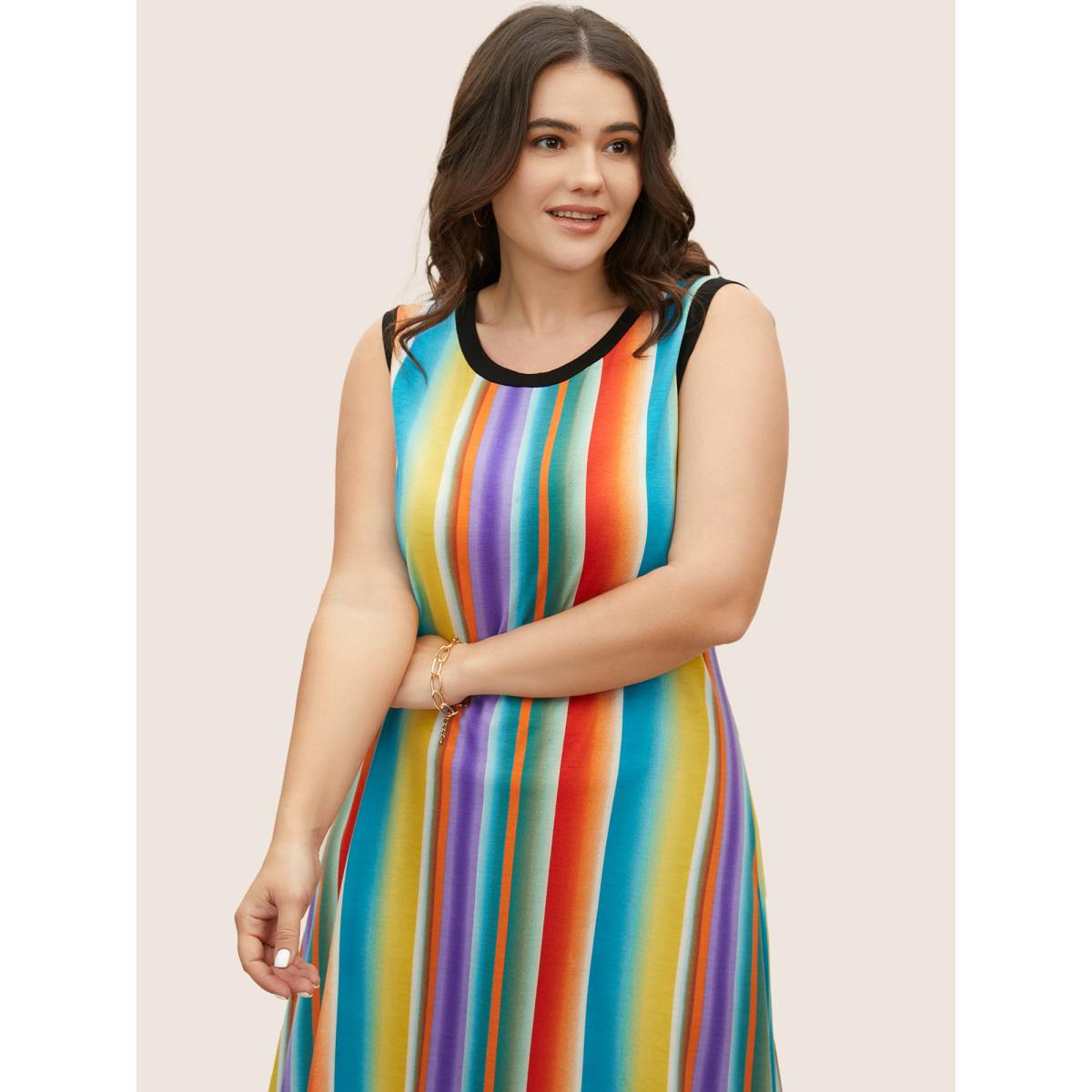 Plus Size Colorful Striped Retro Tank Pocket Dress Multicolor Women Casual Contrast Round Neck Sleeveless Curvy BloomChic 14-16/1X Product Image