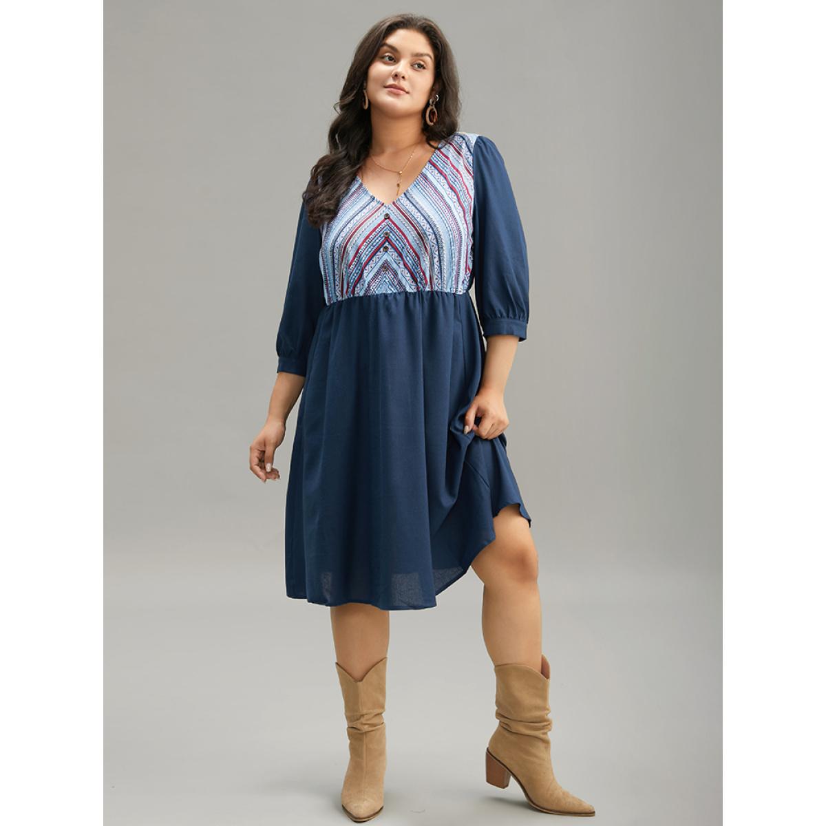 Plus Size Boho Print Striped Patchwork Lantern Sleeve Dress Indigo Women Vacation Printed V-neck Elbow-length sleeve Curvy Midi Dress BloomChic 22-24/3X Product Image