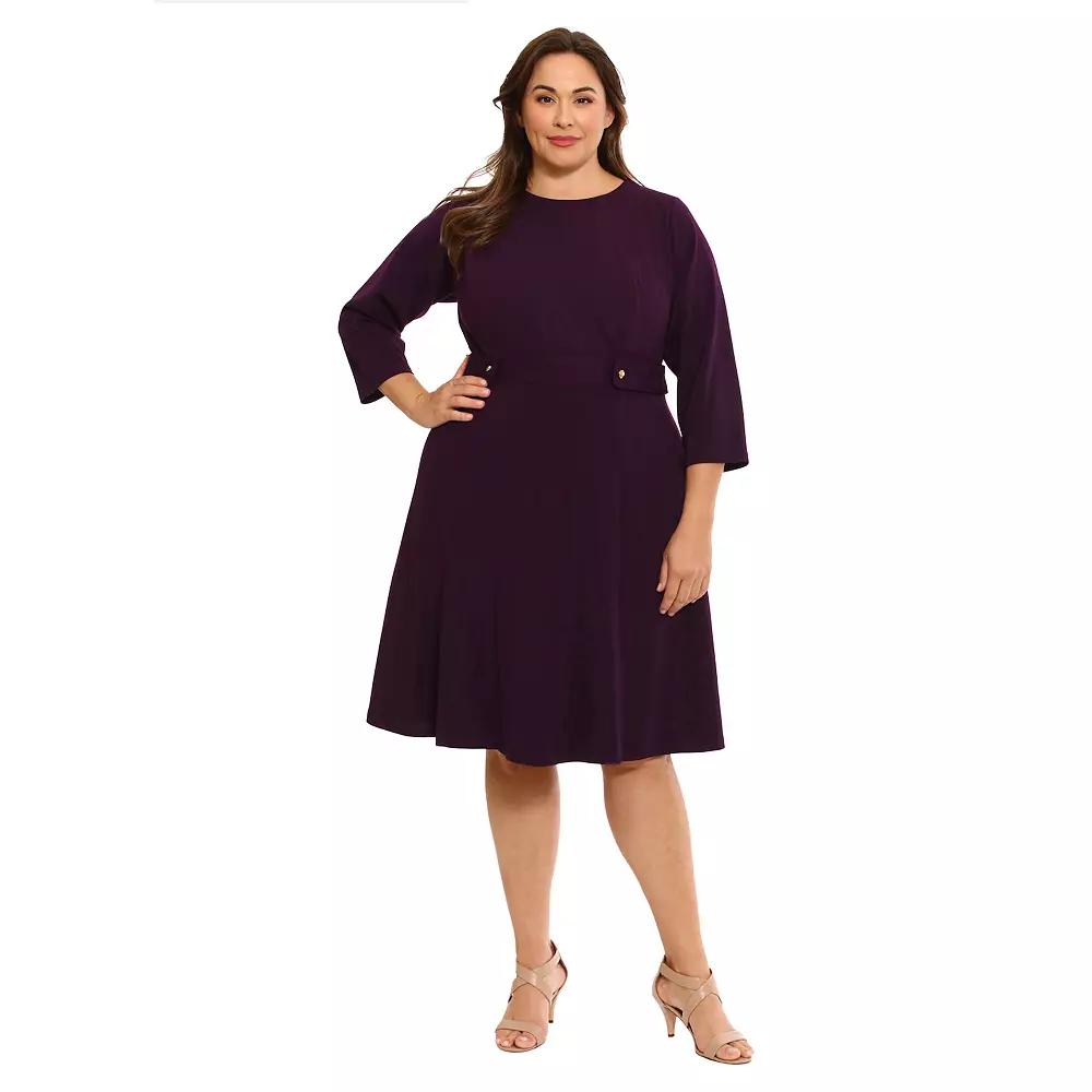Plus Size London Times 3/4 Length Sleeve Fit & Flare Midi Dress, Women's, Size: 16 W, Black Product Image