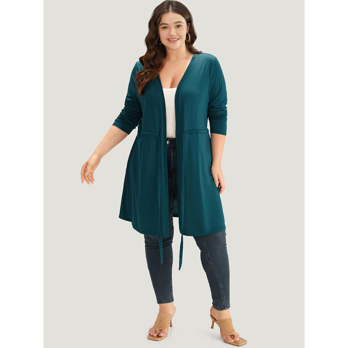 Plus Size Plain Drawstring Knot Open Front Coat Women Cyan Casual Plain Ladies Dailywear Winter Coats BloomChic 12/L Product Image