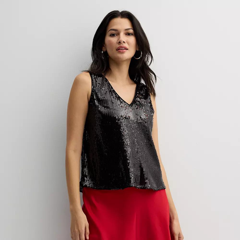 Women's Petite Nine West V-Neck Tank Top, Size: XL Petite, Black Sequin Product Image