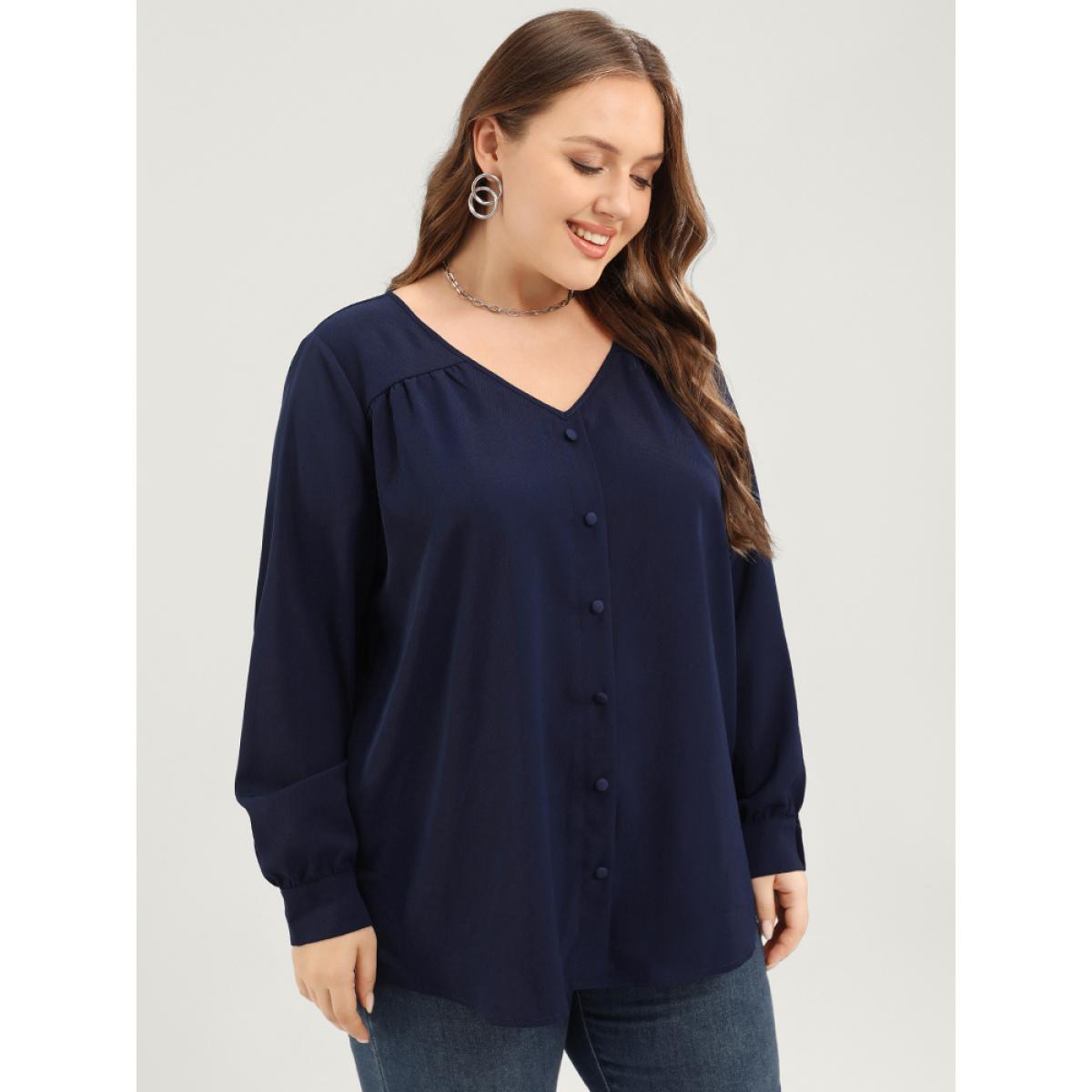 Plus Size Indigo Solid Button Detail Gathered V Neck Blouse Women Elegant Long Sleeve V-neck Dailywear Blouses BloomChic 12/L Product Image