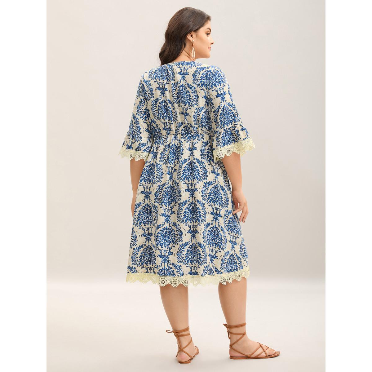 Plus Size Damask Print Lace Detail Midi Dress Mediumblue Women Woven ribbon&lace trim V-neck Elbow-length sleeve Curvy BloomChic 10/M Product Image