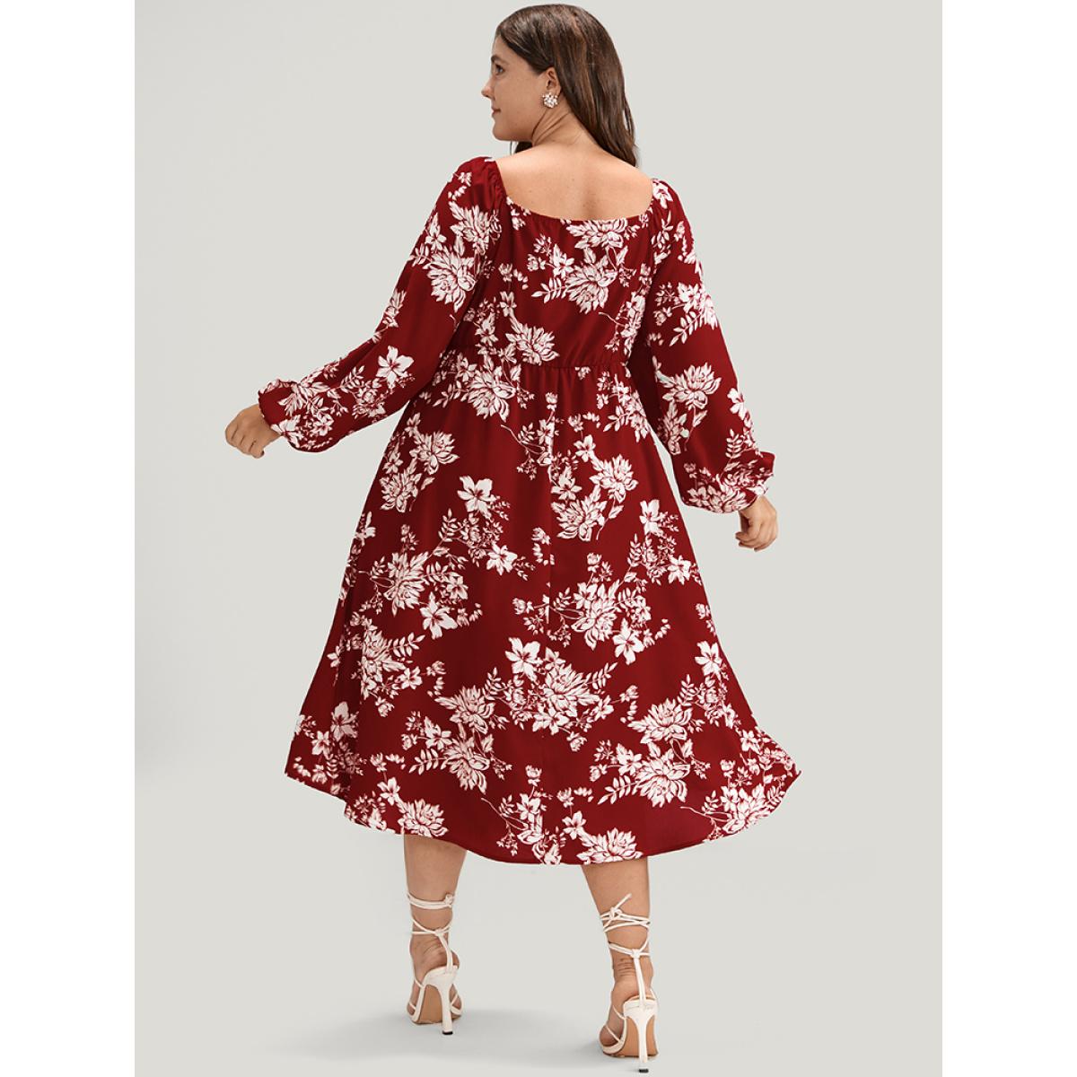Plus Size Floral Square Neck Lantern Sleeve Pocket Button Detail Dress Rust Women Dating Printed Square Neck Long Sleeve Curvy Midi Dress BloomChic 10/M Product Image