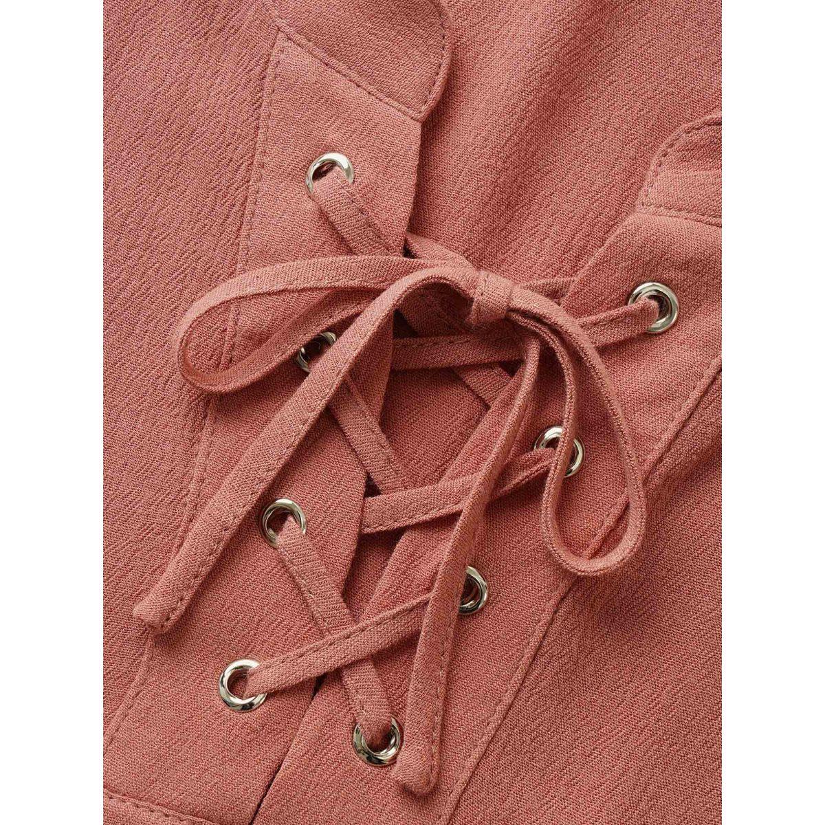 Plus Size Rouge Rayon Plain Lace Up Blouse Women Casual Short sleeve Round Neck Everyday Blouses BloomChic 10/M Product Image