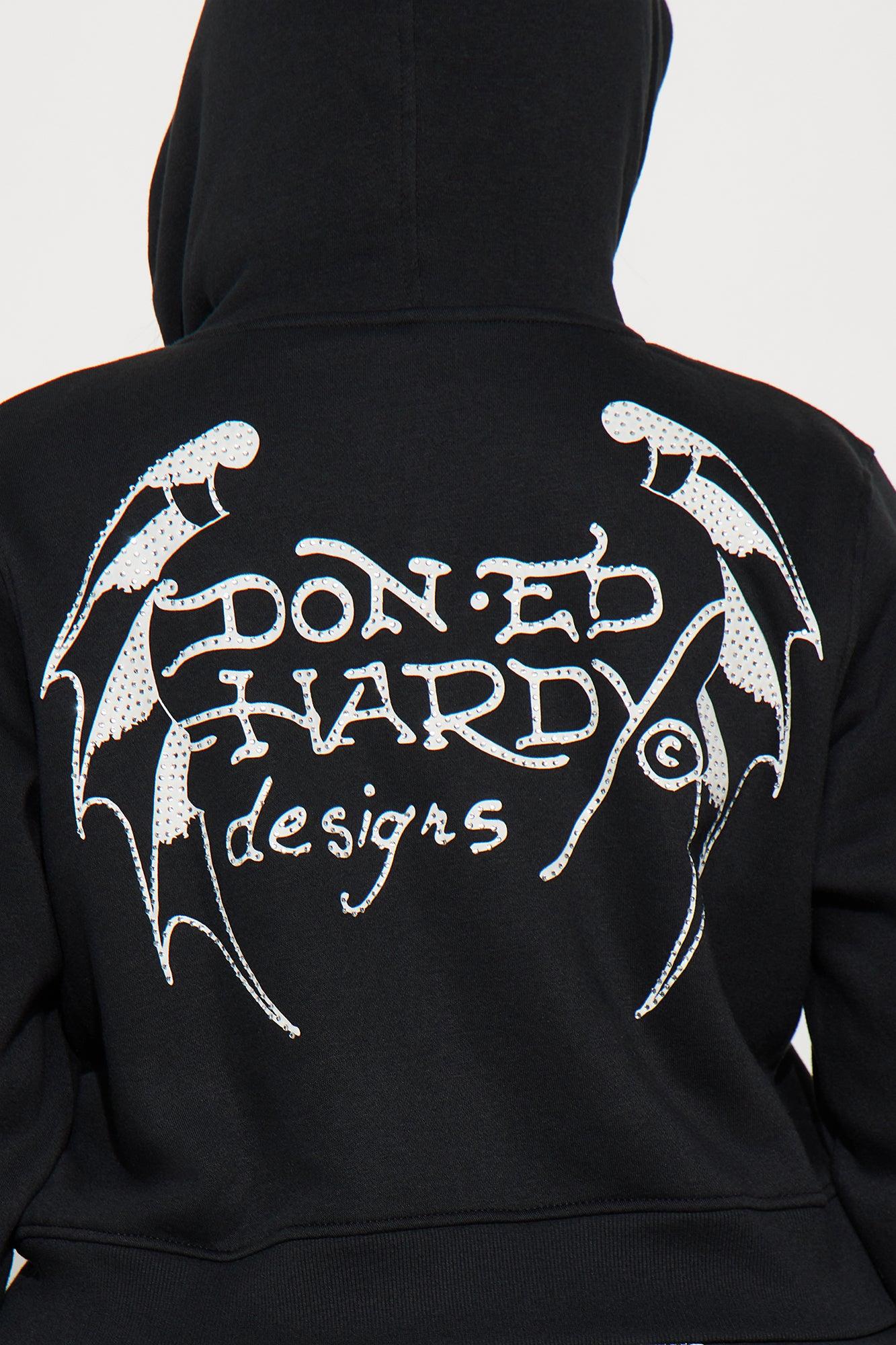 Ed Hardy Rhinestone Crosses Fleece Zip Up Hoodie - Black Female Product Image