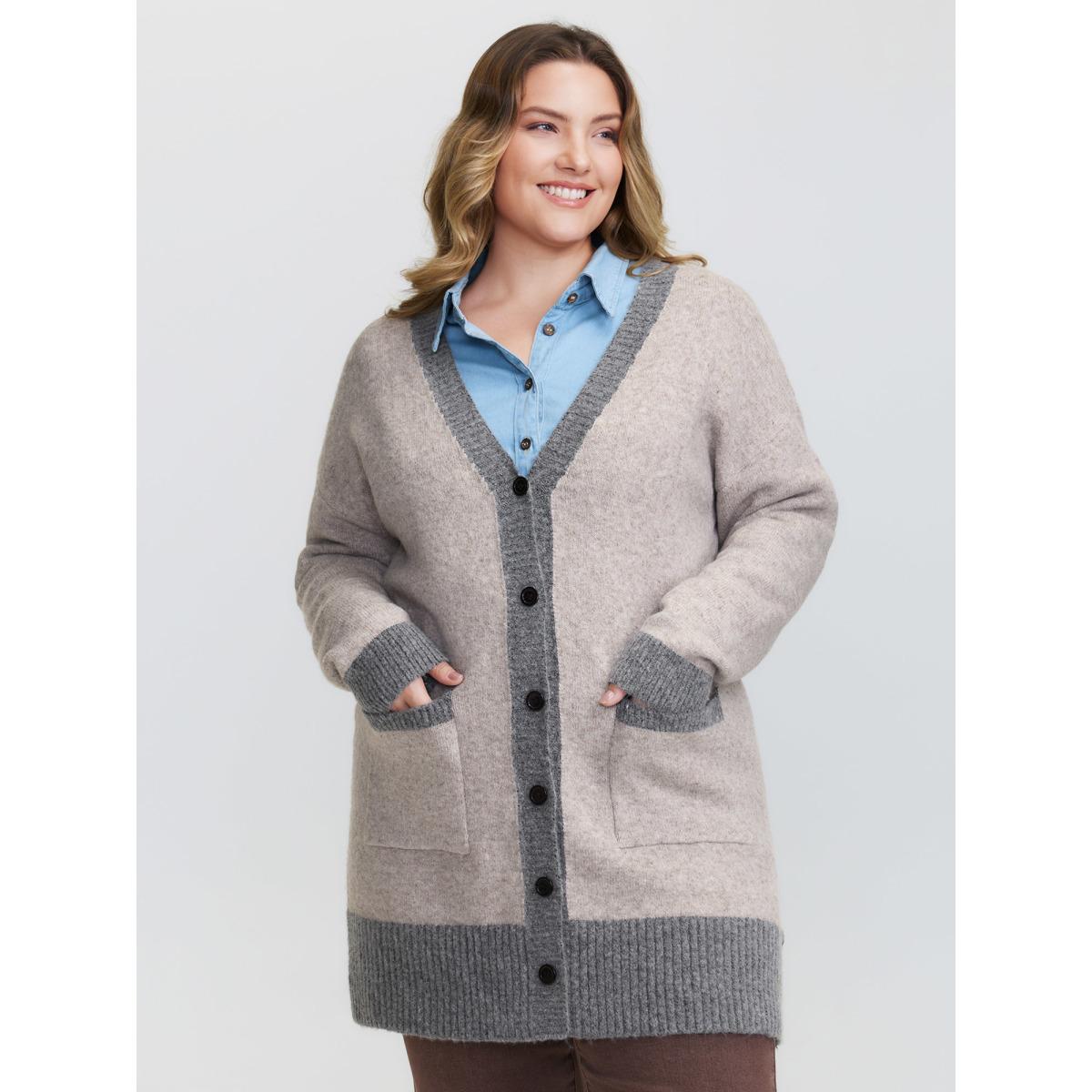 Plus Size Color Contrast Buttons Pockets Knit Cardigan LightBrown Women Leisure Loose Long Sleeve Casual Cardigans BloomChic 10/M Product Image