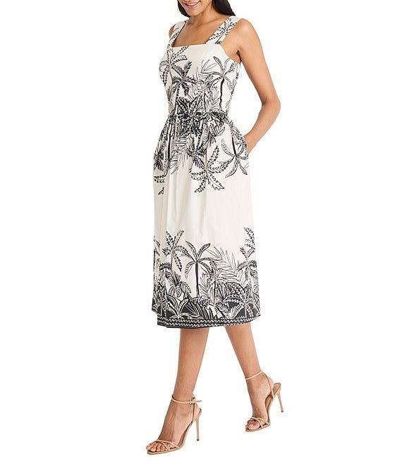 Maggy London Square Neck Sleeveless Tropical Print Fit And Flare Midi Dress Product Image