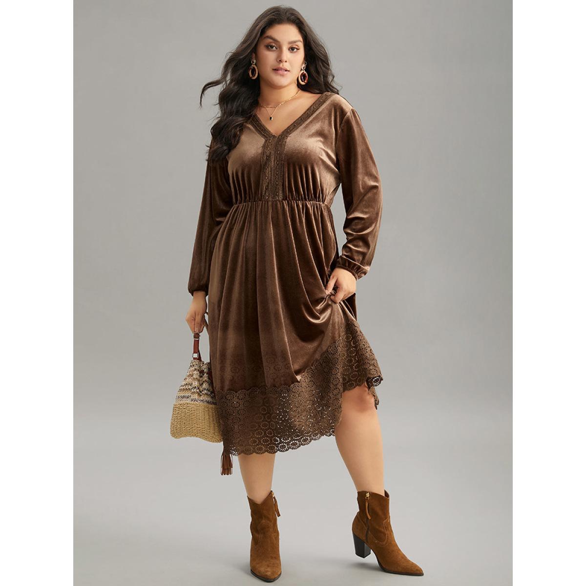 Plus Size Plain Velvet Elastic Waist Patchwork Lace Dress DarkBrown Women Vacation Velvet V-neck Long Sleeve Curvy Midi Dress BloomChic 22-24/3X Product Image