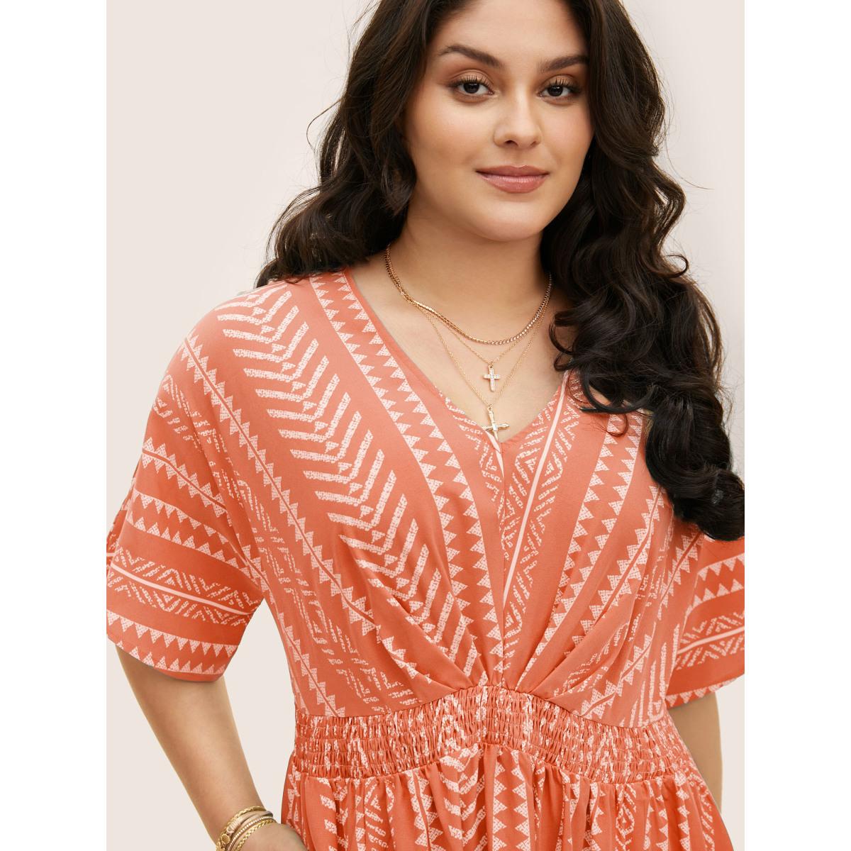 Plus Size Solid Geometric Dolman Sleeve Pocket Shirred Split Hem Dress Salmon Women Boho Non V-neck Half Sleeve Curvy Long Dress BloomChic 18-20/2X Product Image