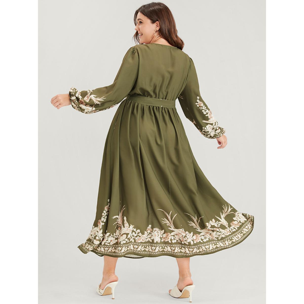 Plus Size Floral Button Split Lantern Sleeve Belted Pocket Wrap Dress ArmyGreen Women Vacation Embroidered V-neck Long Sleeve Curvy Long Dress BloomChic 12/L Product Image