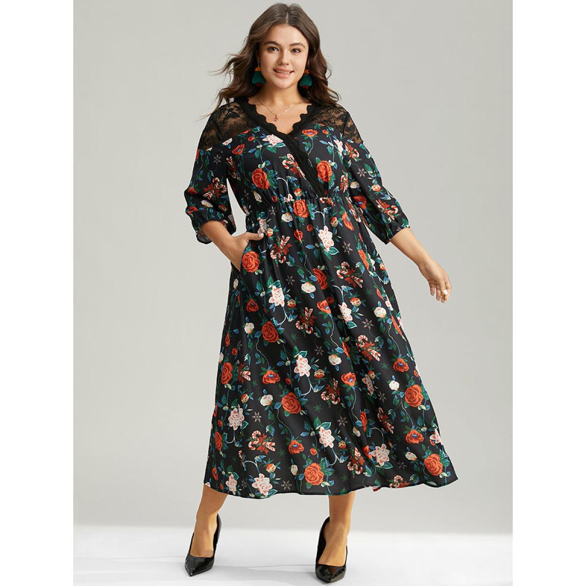 Plus Size Floral Crochet Lace Mesh Overlap Collar Dress Black Women Office Elastic cuffs Overlap Collar Elbow-length sleeve Curvy Midi Dress BloomChic 14-16/1X Product Image