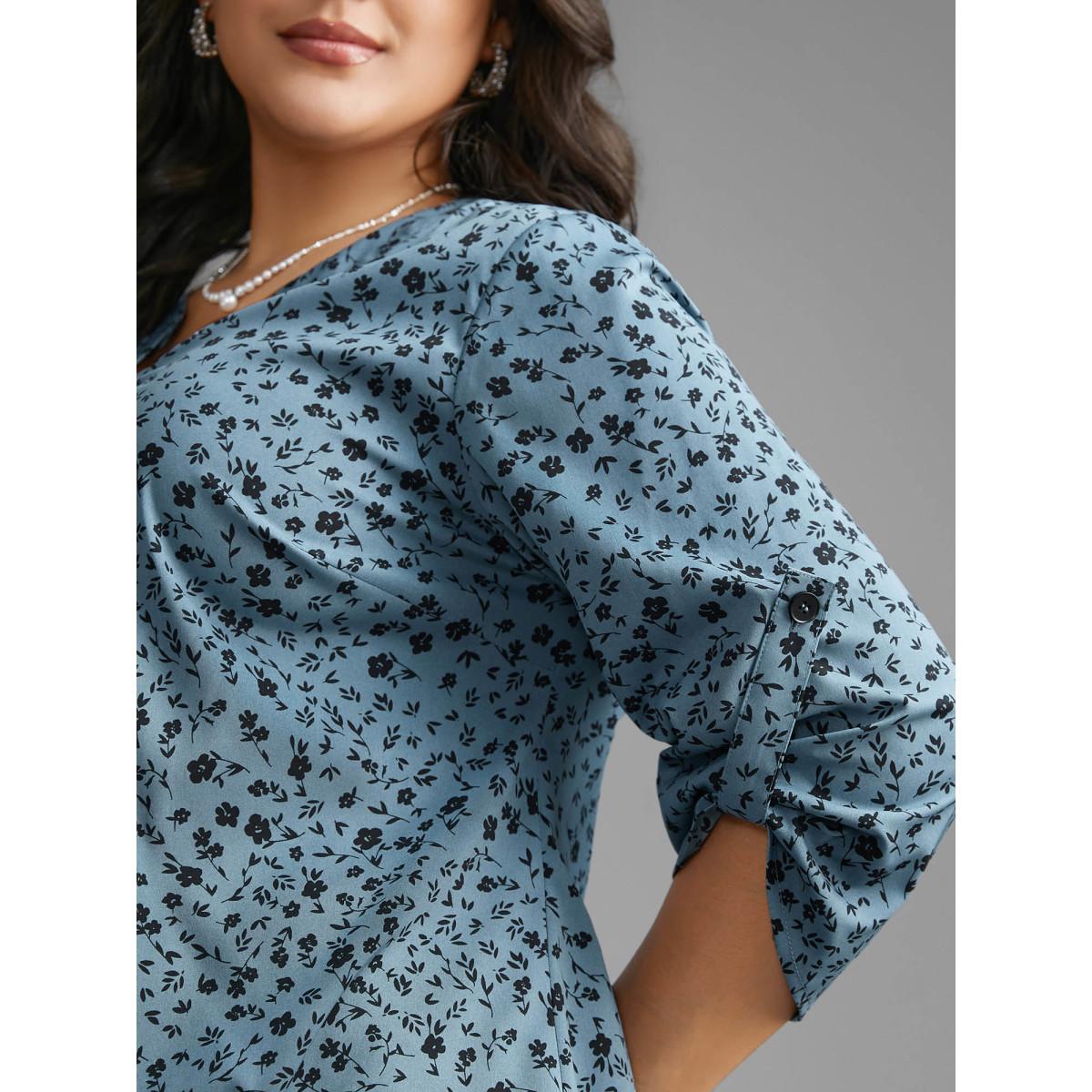 Plus Size Stone Ditsy Floral Button Cuff Sleeve Pleated Blouse Women Elegant Long Sleeve Flat collar with V-notch Everyday Blouses BloomChic 10/M Product Image