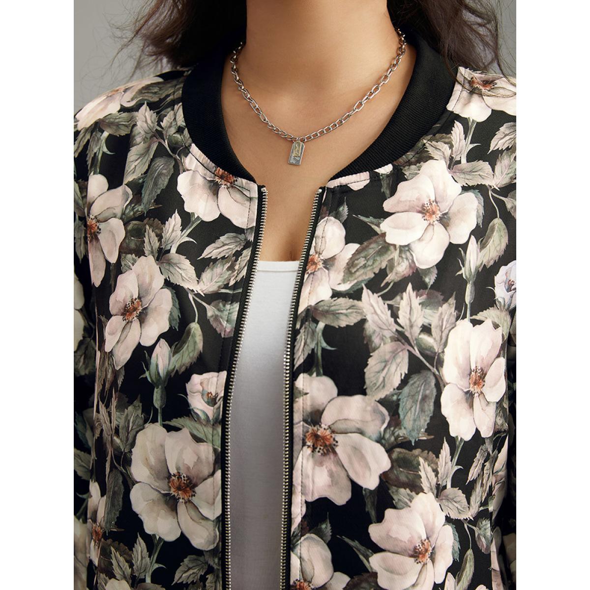 Plus Size Floral Print Patchwork Zipper Jacket Women BlackFlower Elastic cuffs Pocket Everyday Jackets BloomChic 14-16/1X Product Image