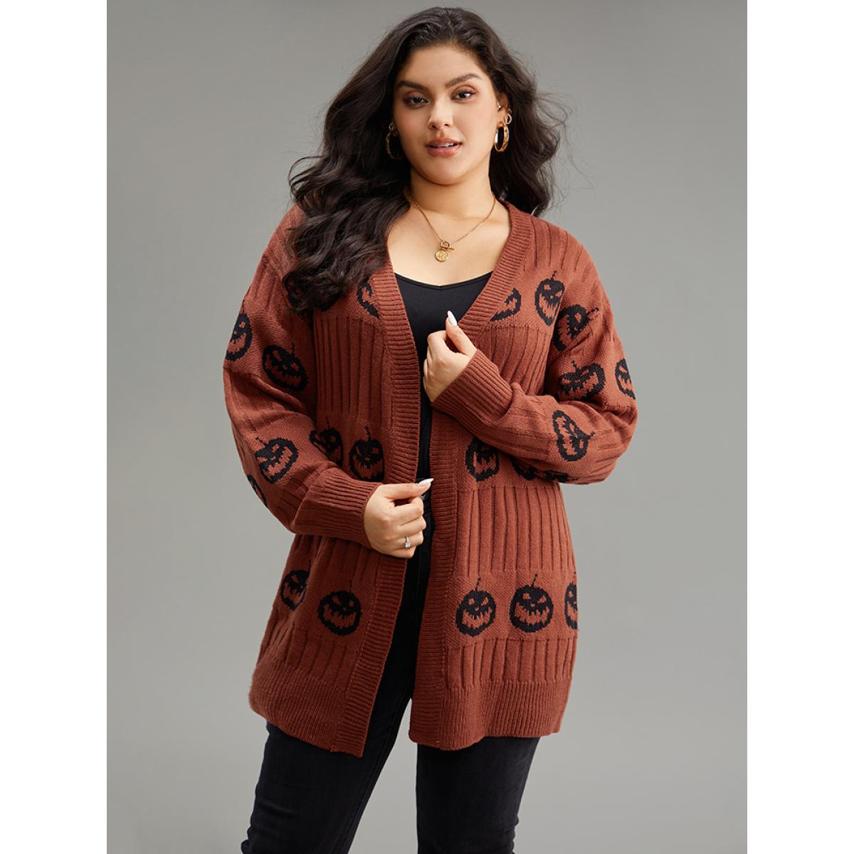 Plus Size Halloween Pumpkin Graphic Open Front Cardigan Rust Women Casual Loose Long Sleeve Festival-Halloween Cardigans BloomChic 22-24/3X Product Image
