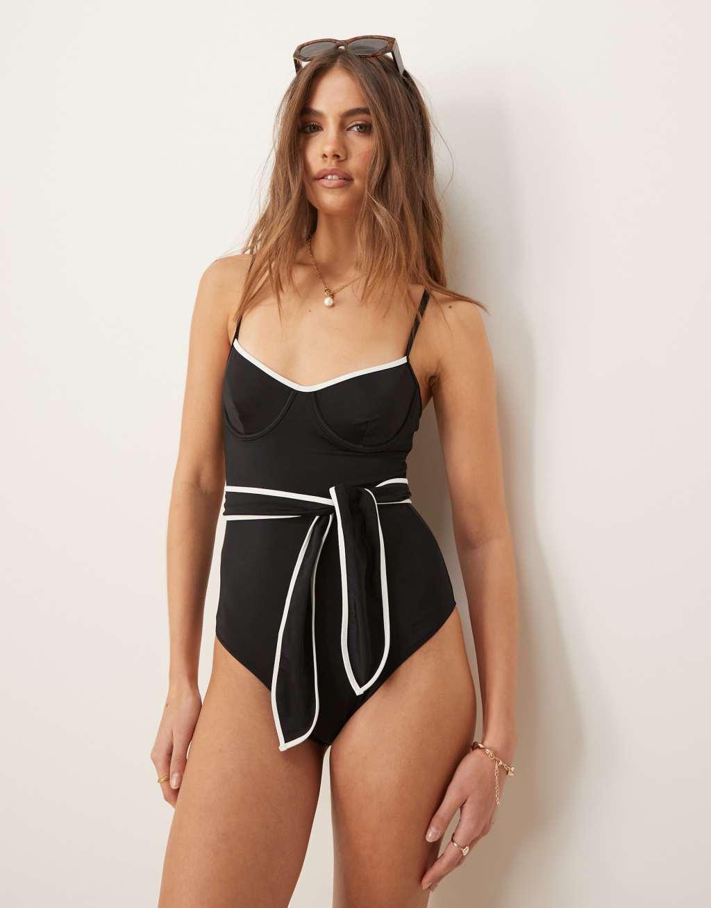 Free Society tie front underwire swimsuit in black and white Product Image