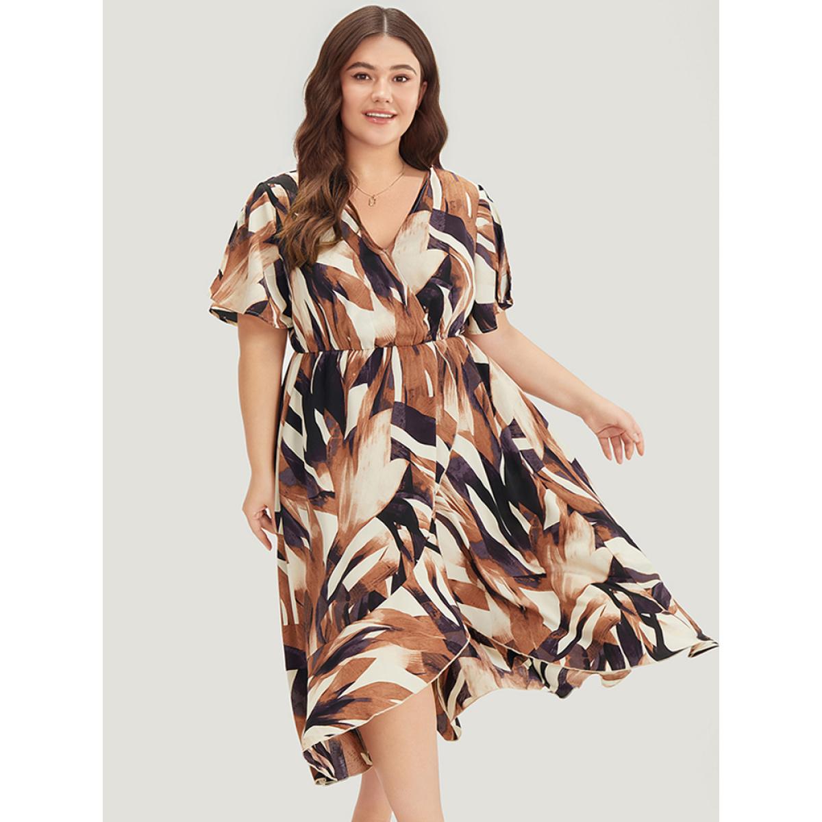 Plus Size Allover Print Pocket Wrap Ruffle Irregular Hem Dress DarkBrown Women Elegant Wrap V-neck Short sleeve Curvy Midi Dress BloomChic 18-20/2X Product Image