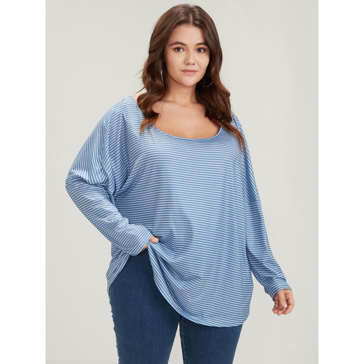 Plus Size Striped Print Scoop Neck Long Tee Blue Women Casual Striped Scoop Neck Loose Dailywear T-shirts BloomChic 12/L Product Image