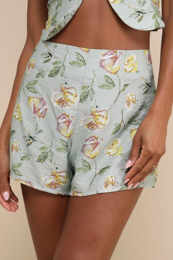 Noticeably Perfect Sage Green Floral High-Rise Shorts Product Image