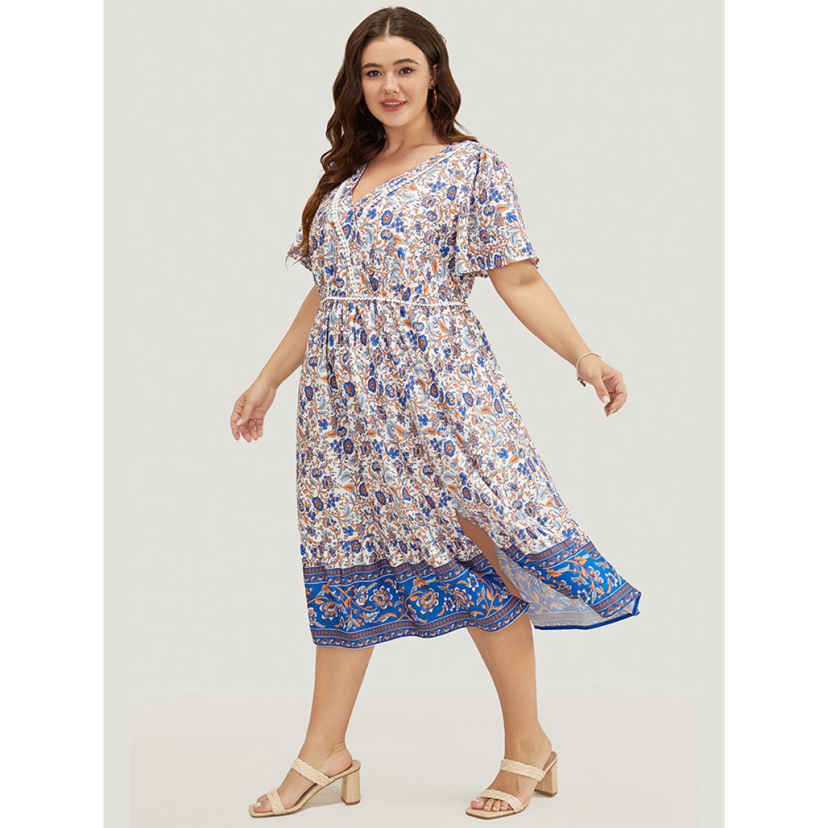 Plus Size Bandana Print Pocket Pompom Trim Wrap Split Ruffle Dress Cerulean Women Vacation Printed V-neck Short sleeve Curvy Midi Dress BloomChic 28/5X Product Image