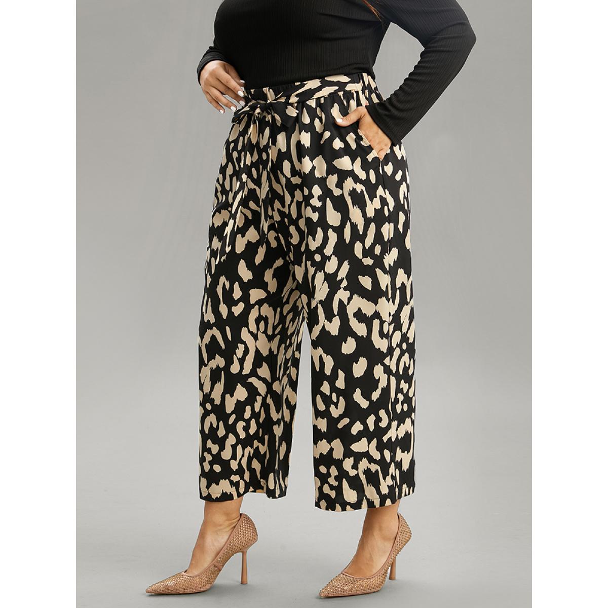 Plus Size Leopard Elastic Waist Ties Wide Leg Pants Women Black Casual Wide Leg High Rise Dailywear Pants BloomChic 28/5X Product Image