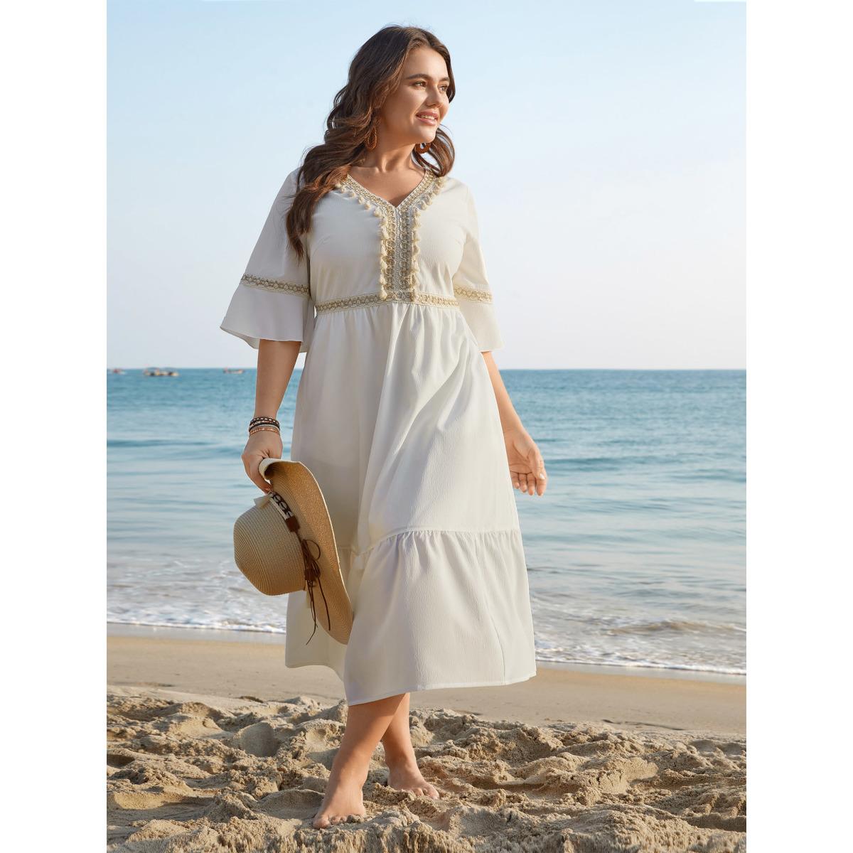 Plus Size Tassel Textured Stretchy Waist Pockets Midi Dress Ivory Women Resort Woven ribbon&lace trim V-neck Half Sleeve Curvy BloomChic 18-20/2X Product Image