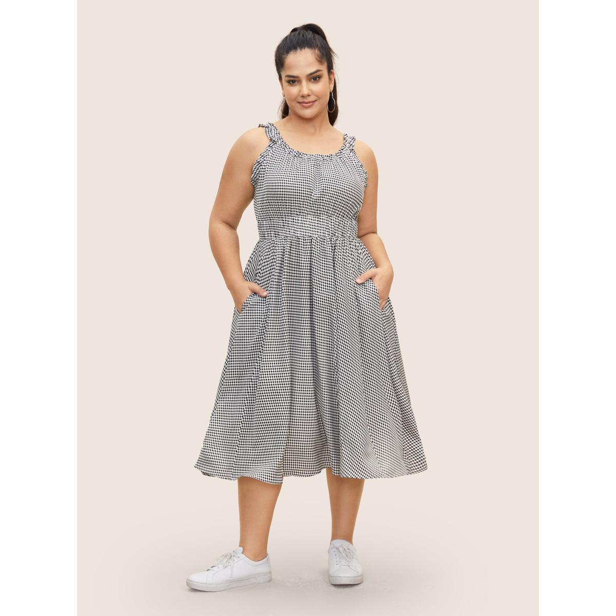 Plus Size Gingham Frill Trim Gathered Midi Dress Black Women Casual Gathered Round Neck Sleeveless Curvy BloomChic 14-16/1X Product Image