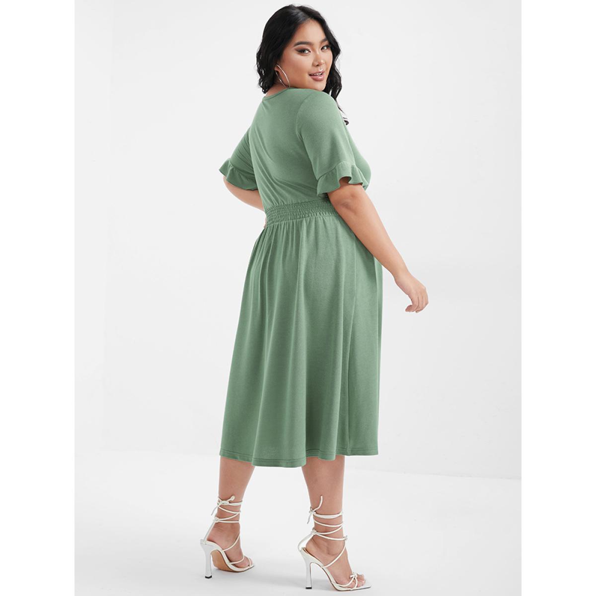 Plus Size Solid Shirred Ruffles Button V Neck Midi Dress LightGreen Women Elegant Gathered V-neck Short sleeve Curvy Midi Dress BloomChic 10/M Product Image