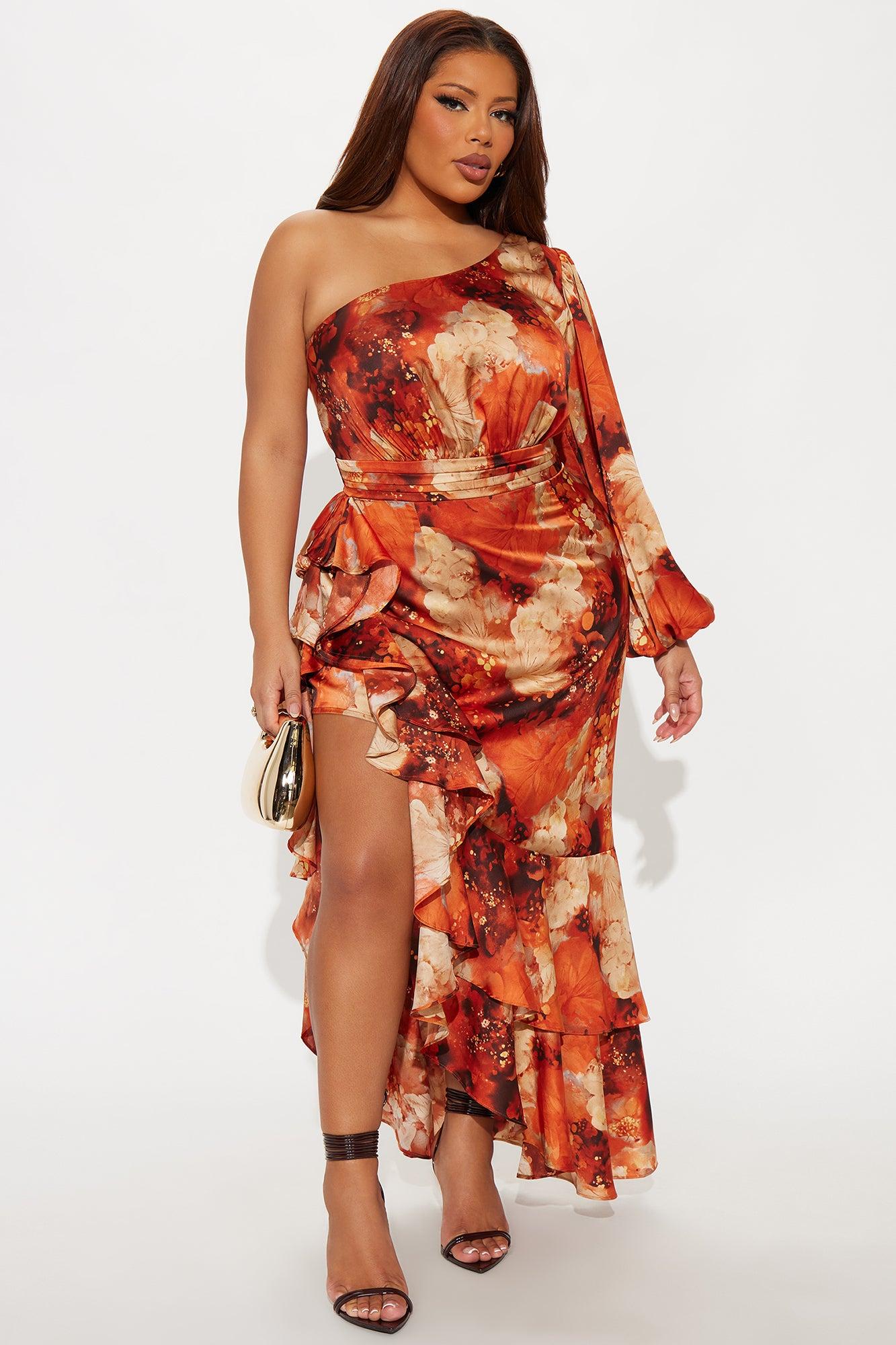 Heidi Satin One Shoulder Ruffle Maxi Dress - Cognac Female Product Image