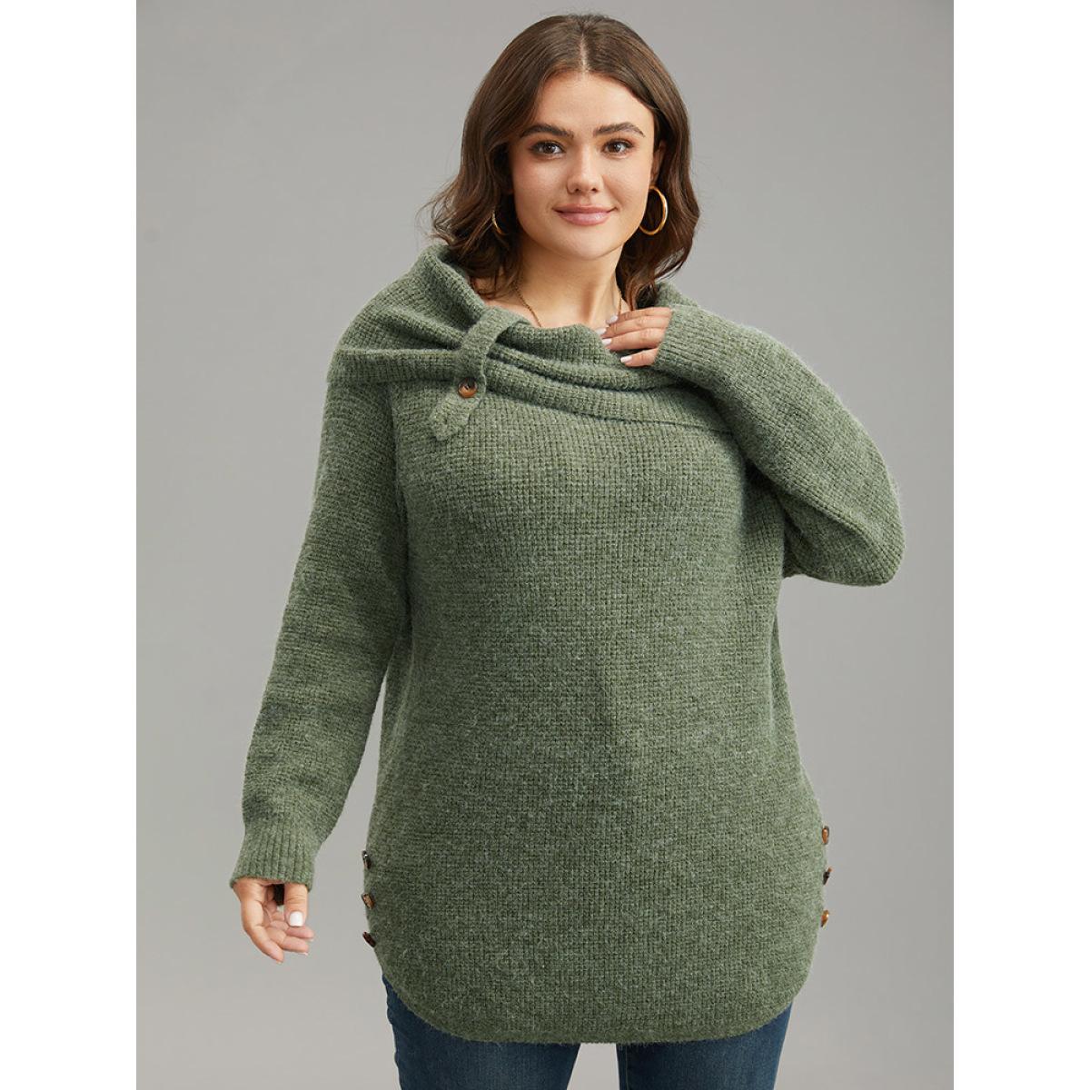 Plus Size Anti-Pilling Lapel Collar Adjustable Button Pullover Moss Women Casual Loose Long Sleeve Lapel Collar Dailywear Pullovers BloomChic 30/6X Product Image