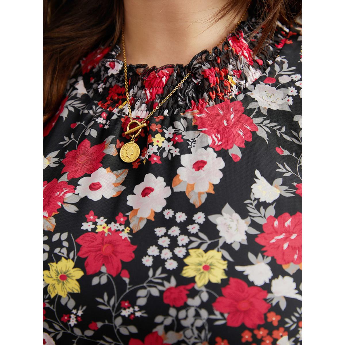 Plus Size Chiffon Floral Print Shirred Elastic Cuffs Dress Black Women Elegant Elastic cuffs Mock Neck Long Sleeve Curvy Midi Dress BloomChic 22-24/3X Product Image