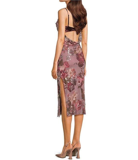 Honey and Rosie Floral Printed Mesh Sequin Lace Trim Cowl Neck Open Drape Back Midi Dress Product Image