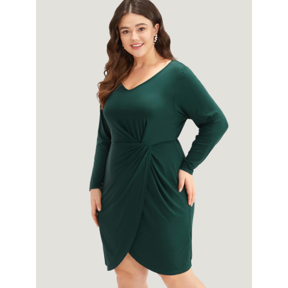 Plus Size Solid Wrap Twist Front V Neck Dress DarkGreen Women Casual Wrap V-neck Long Sleeve Curvy Knee Dress BloomChic 10/M Product Image