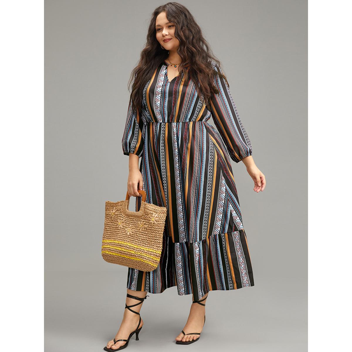 Plus Size Bandana Print Notched Ruffle Layered Hem Dress Black Women Resort Elastic cuffs Notched collar Long Sleeve Curvy Midi Dress BloomChic 26/4X Product Image