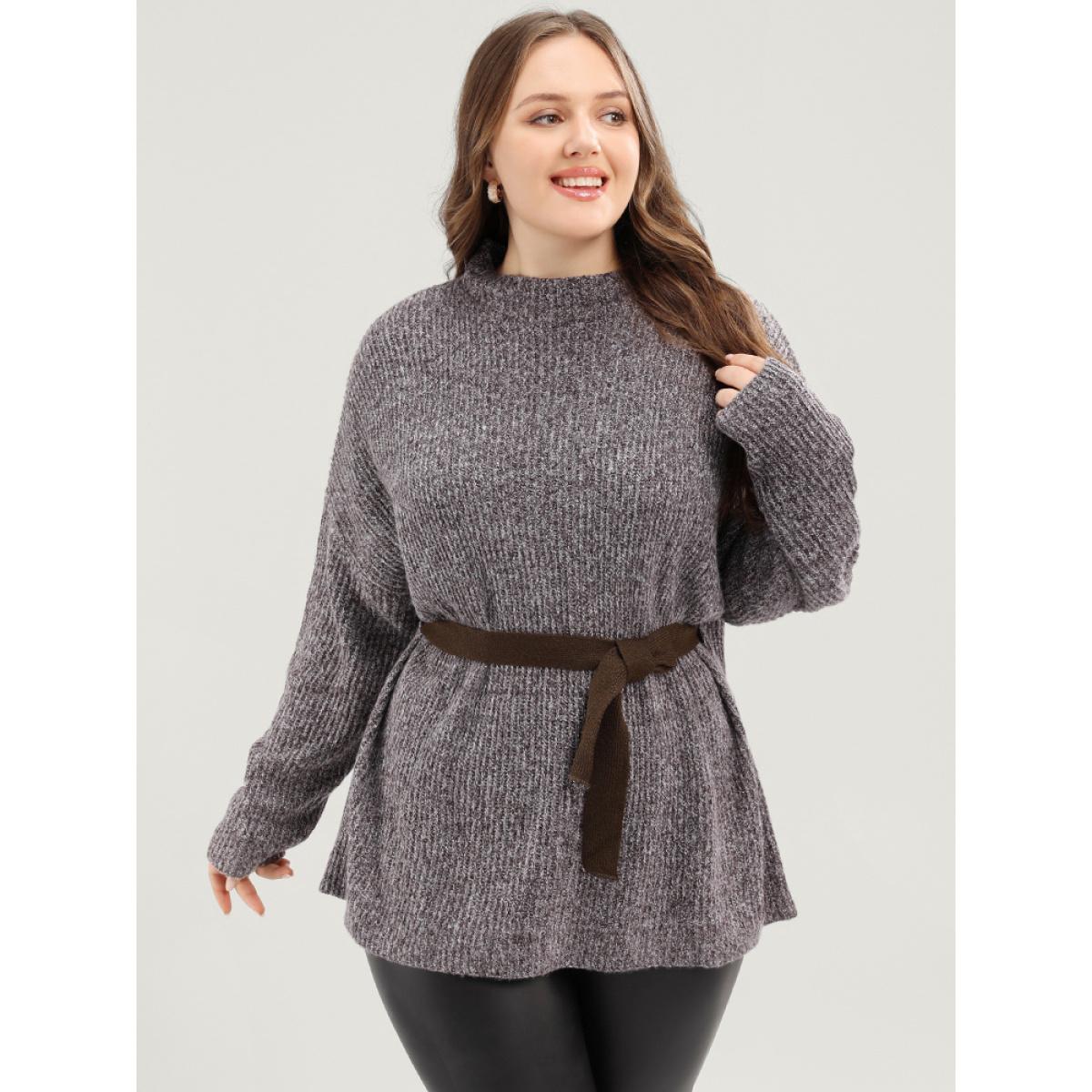 Plus Size Solid Pointelle Knit Mock Neck Belted Heather Knit Top Brown Women Casual Long Sleeve Mock Neck Dailywear Pullovers BloomChic 28/5X Product Image