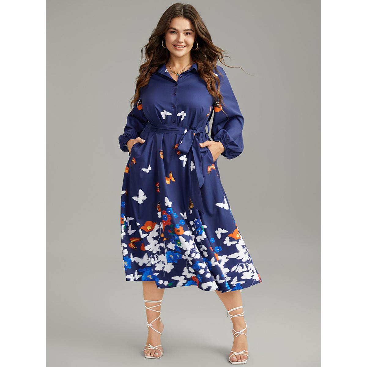 Plus Size Butterfly Print Gathered Button Up Belted Dress Navy Women Vacation Elastic cuffs Shirt collar Long Sleeve Curvy Midi Dress BloomChic 12/L Product Image