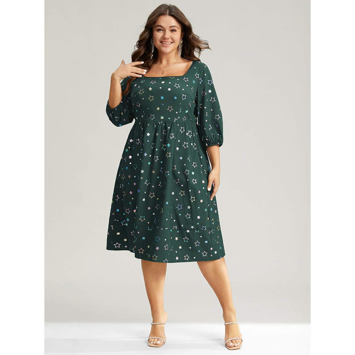 Plus Size Heart Glitter Square Neck Lantern Sleeve Dress DarkGreen Women Cocktail Elastic cuffs Square Neck Half Sleeve Curvy Midi Dress BloomChic 28/5X Product Image